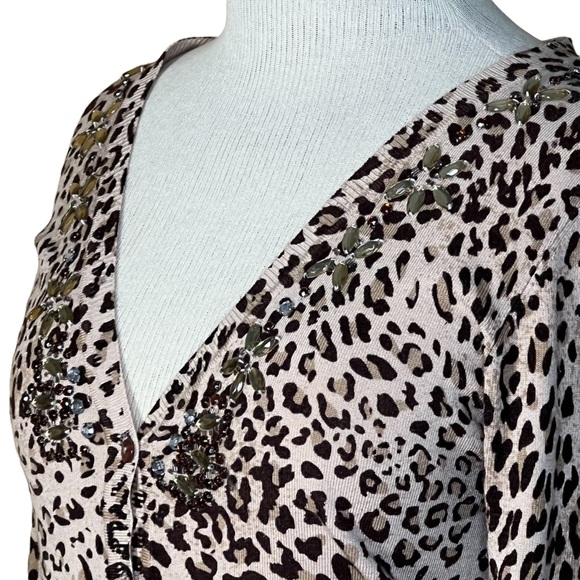 Women’s Vertigo Leopard Print V-Neck Button Front Cardigan With Rhinestones XS-S - Picture 3 of 12